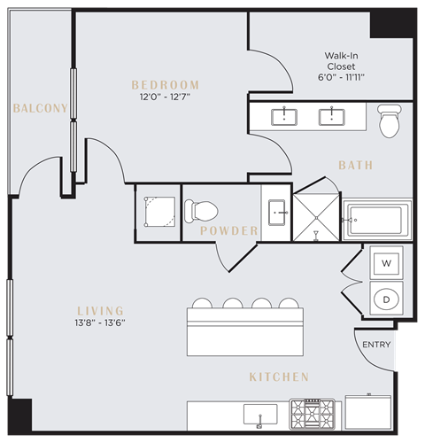 Floor plan for 1 bed, 1 bath, 913 sqft